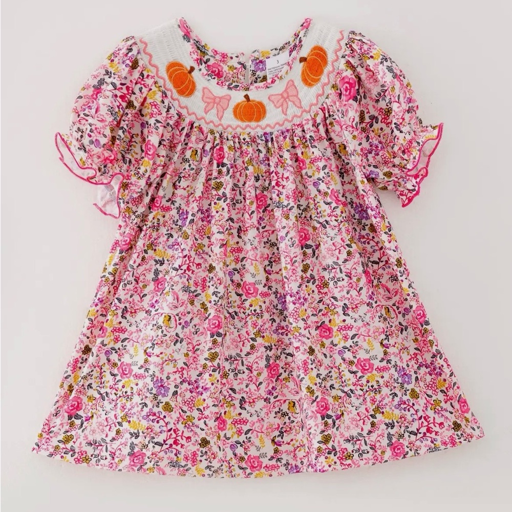 NEW Girls Fall Floral Halloween Smocked Pumpkin Embroidered Short Sleeve Dress